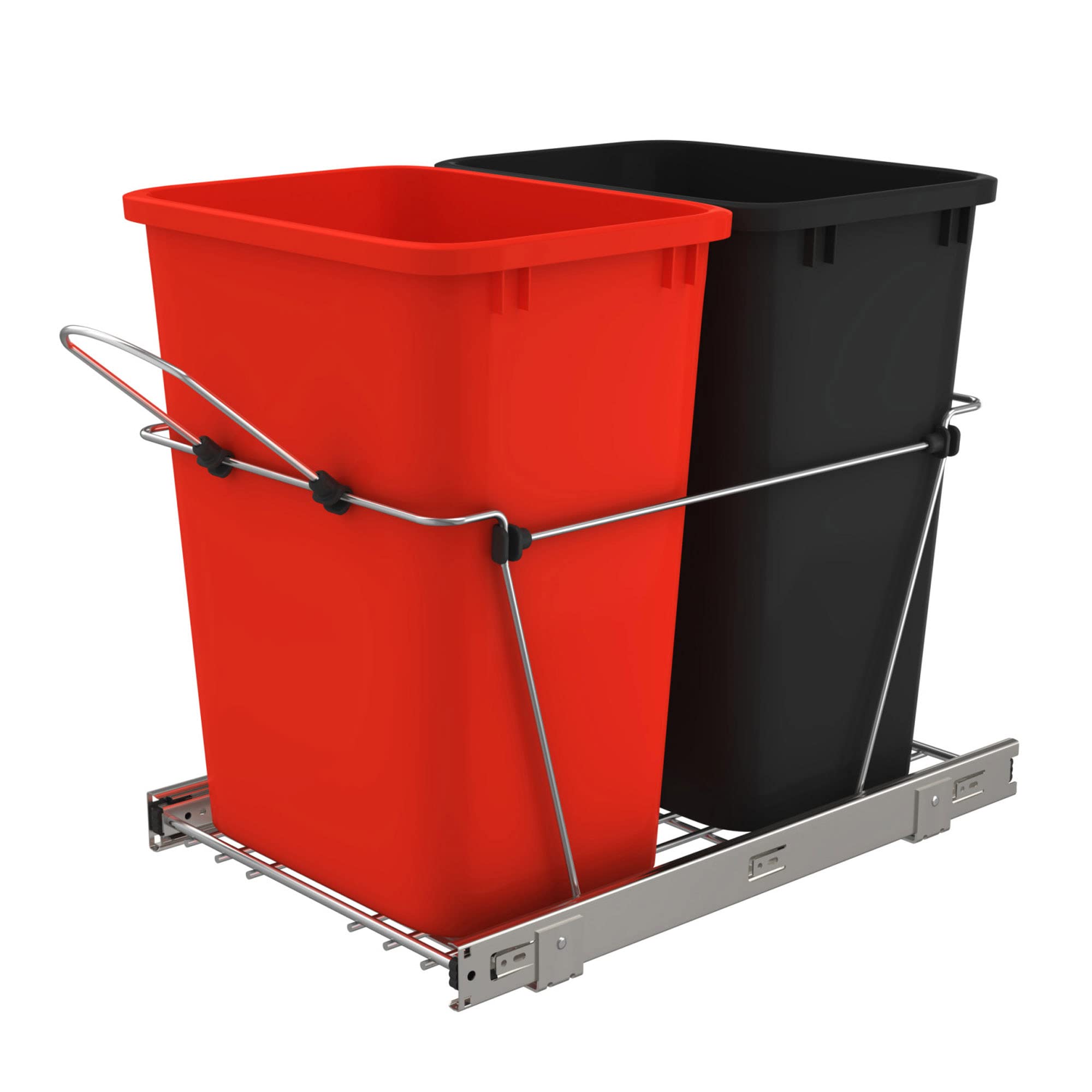 Rev-A-Shelf Double Pull Out Trash Can For Under Kitchen Cabinets 35 Qt 12 Gal Garbage Recyling Bin On Full Extension Slides, Red