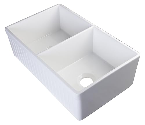 Alfi Brand Ab537 White 32-Inch Fluted Double Bowl Fireclay Farmhouse Kitchen Sink White