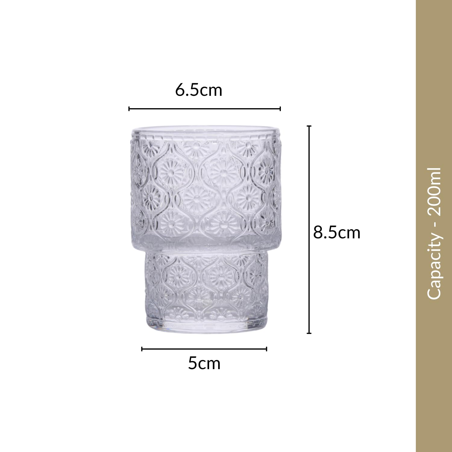 Nestasia Stackable Glasses Set of 6, Lead-Free Chip Resistant Thick Walled Drinking Glassware, Floral, 200ml each