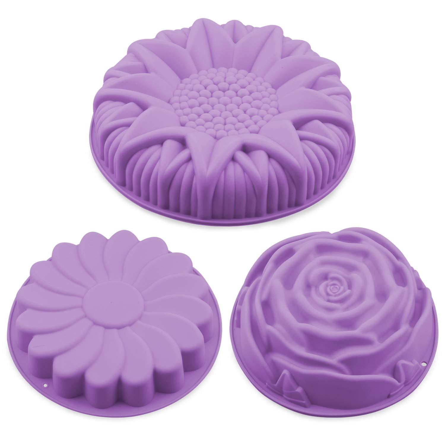 Silicone Baking Molds,3 Pack Non-Stick Flower Shape Silicone Cakes Pan Bread Pie Flan Tart Jello Molds,Reusable Food-Grade Large