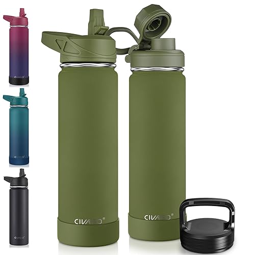 CIVAGO 22 oz Insulated Water Bottle With Straw  Stainless Steel Sports Water Flask Cup with 3 Lids (Straw  Portable Spout and Handle Lid)  Double Walled Travel Thermal Canteen Mug  Army Green