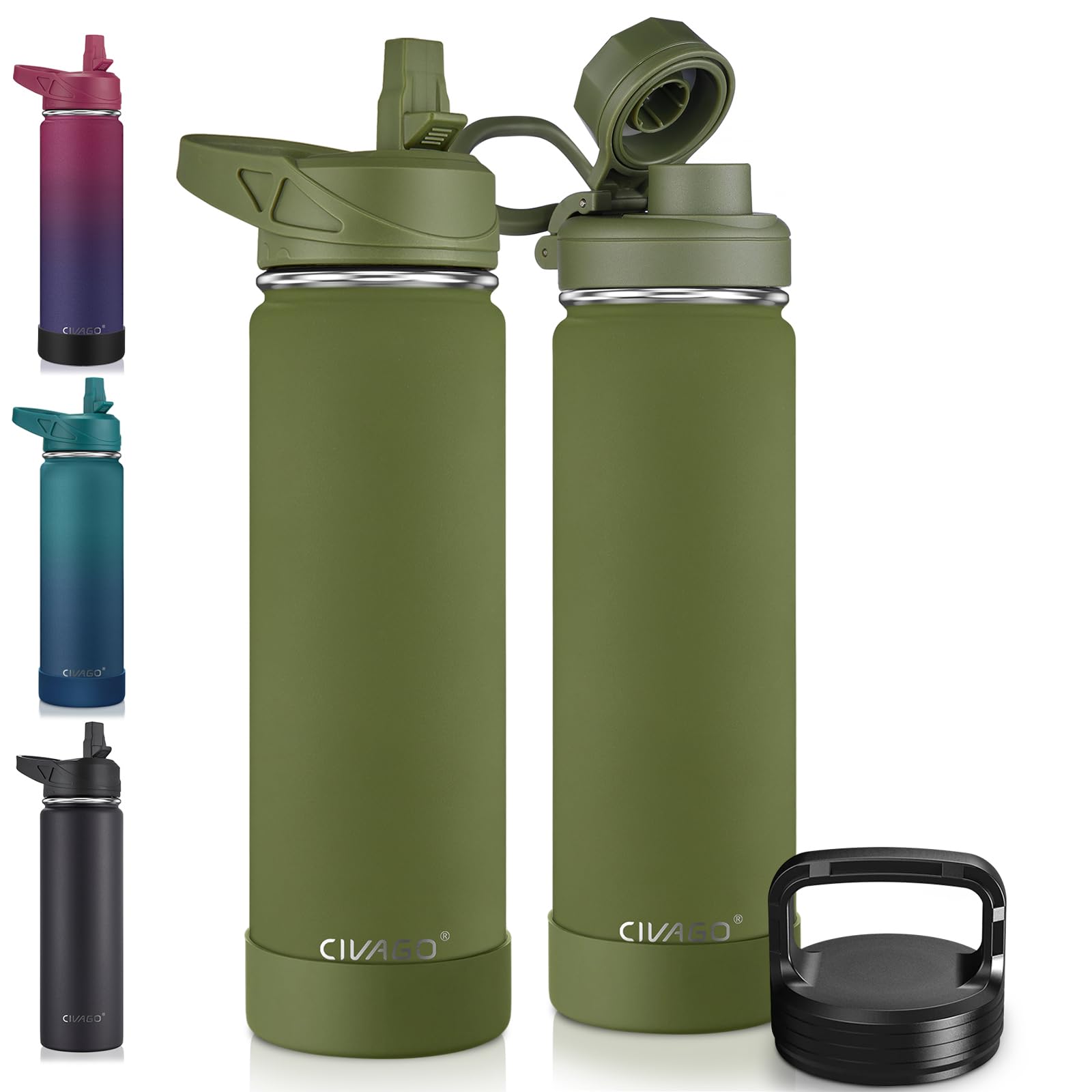 CIVAGO 22 oz Insulated Water Bottle With Straw  Stainless Steel Sports Water Flask Cup with 3 Lids (Straw  Portable Spout and Handle Lid)  Double Walled Travel Thermal Canteen Mug  Army Green