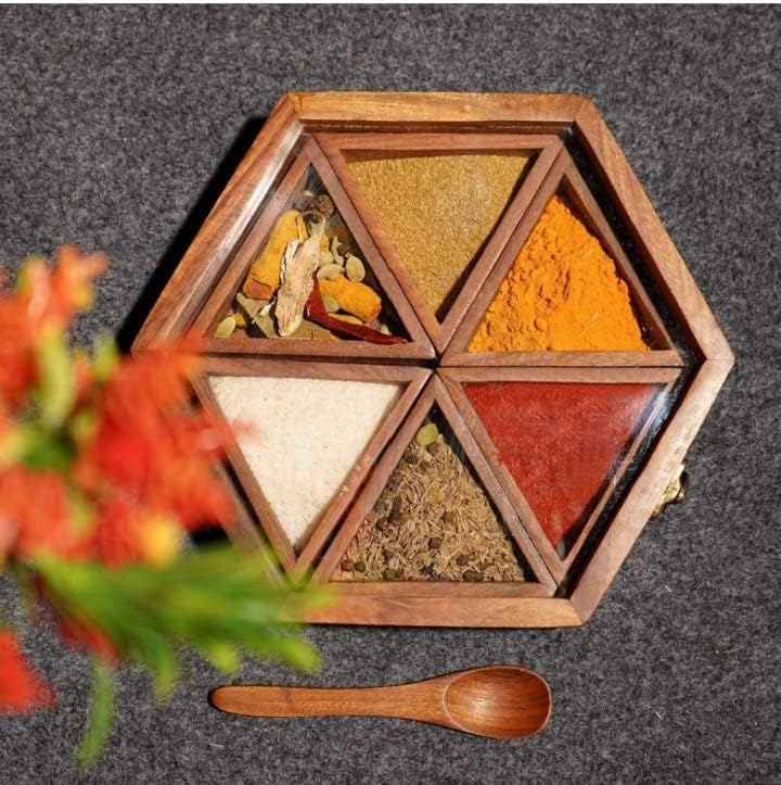 Newpinch Wooden Spice Box With 6 Containers & Spoon In Sheesham Wood | Indian Spice Boxes For Kitchen, Masala Dabba, Multipurpos