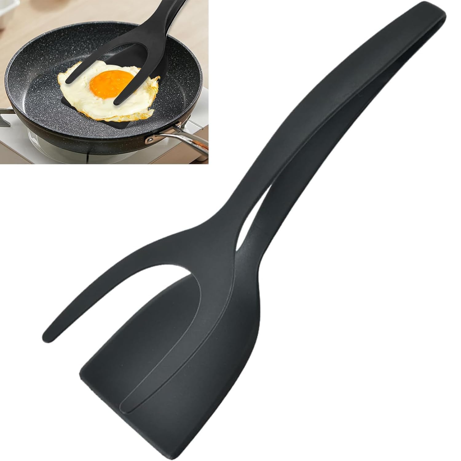 2In1 Grip And Flip Spatula Tongs, Black Silicone, High Temperature Resistant, For Egg, Pancake, Steak And Omelette (1 Pcs)