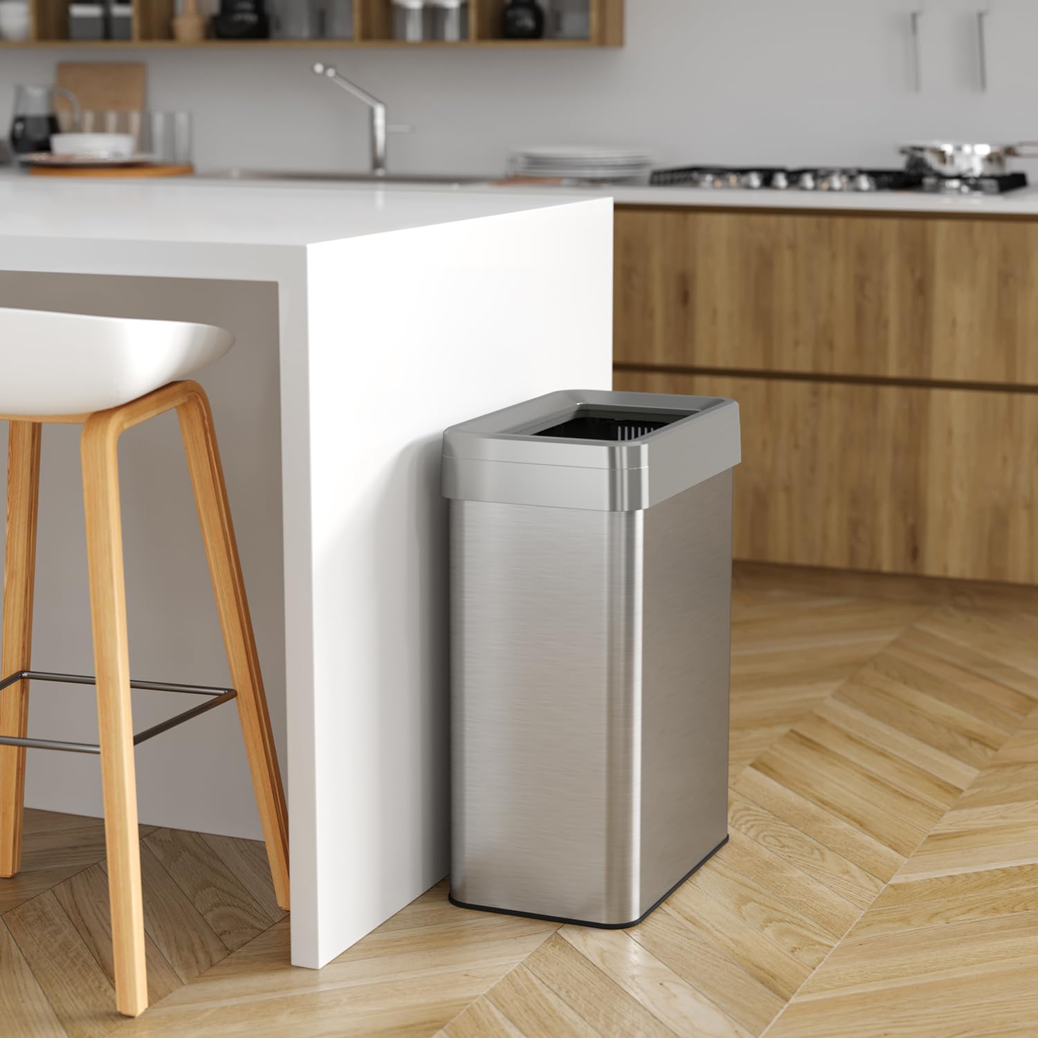 Itouchless 16 Gallon Dual-Deodorizer Open Top Trash Can Rectangular Shape, Commercial Grade Stainless Steel, 61 Liter Recycle Bi