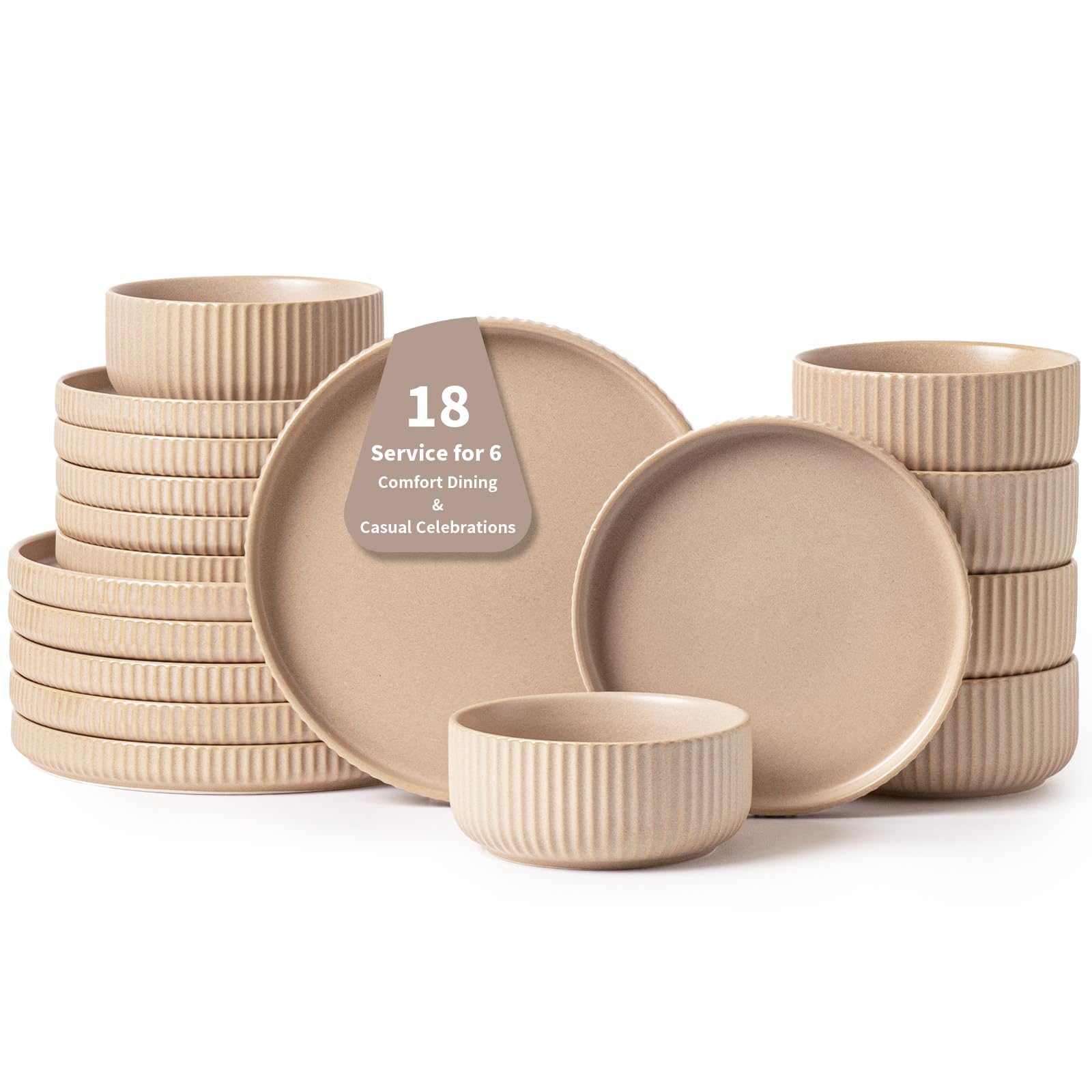 FOBENTA Natural Stoneware Dish Set,18 Piece Plates and Bowls Sets in Warm Beige - Dinnerware for 6 for Warmhearted Homes & Every