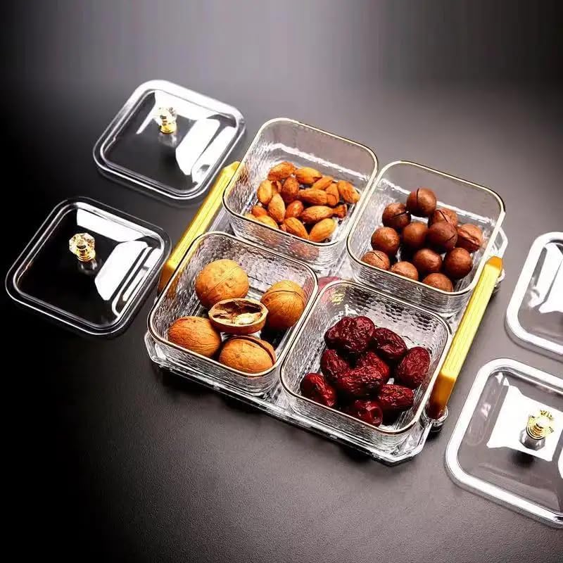 Cyrox Acrylic Snack Serving Bowl Set With Lid & Handle Tray, Elegant 4 Separate Bowls For Dry Fruit & Sweet Tray, Decorative Can