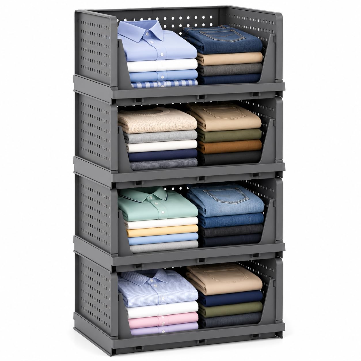 Mechdel Stackable And Foldable Wardrobe Storage Basket Big Size (Grey, 6)
