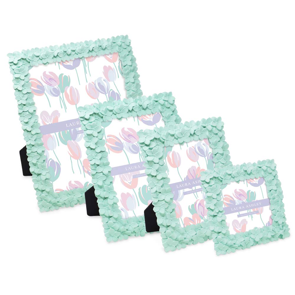 Laura Ashley 5x7 Mint Green Flower Textured Hand-Crafted Resin Picture Frame w/Easel & Hook for Tabletop & Wall Display, Decorat