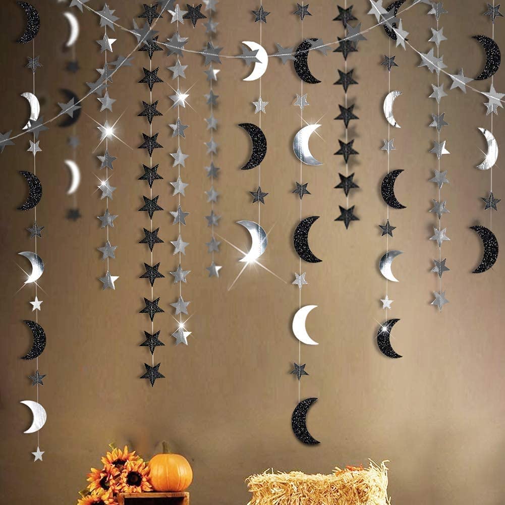 Ramadon Party Decoration Black Silver Crescent Moon Star Garlands Halloween Birthday Decorations Hanging Twinkle Star Garlands F