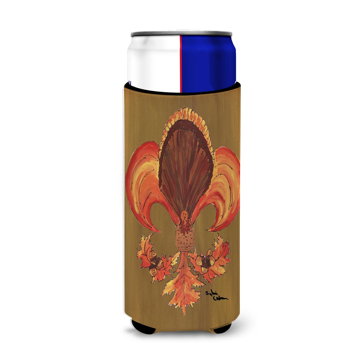 Thanksgiving Turkey and Fall Leaves Fleur de lis Ultra Beverage Insulators for slim cans 8184MUK
