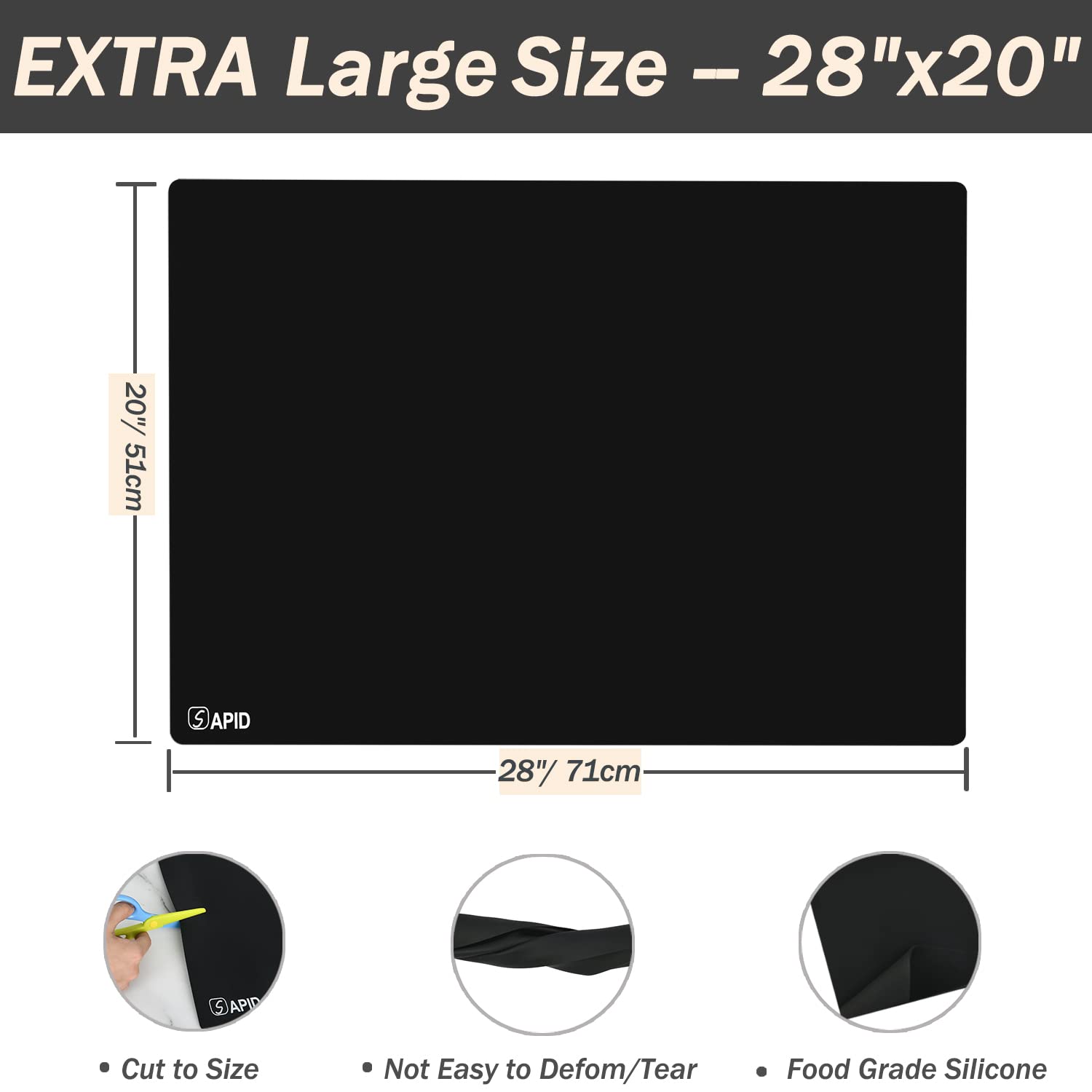 1.5MM Extra Thick Placemats Extra Large Silicone Mat 28'' x 20'' Heat Resistant Mat for Kitchen Countertop Protector  Washable Place Mats Silicone Mats for Kitchen Counter Mat Table Mat  Black  Sapid