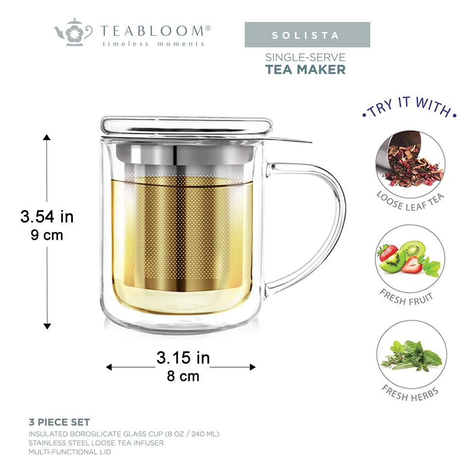 Teabloom Personal Tea Maker - Insulated Heatproof Glass Cup With Loose Tea Infuser And Lid/Coaster - Borosilicate Glass Infusion