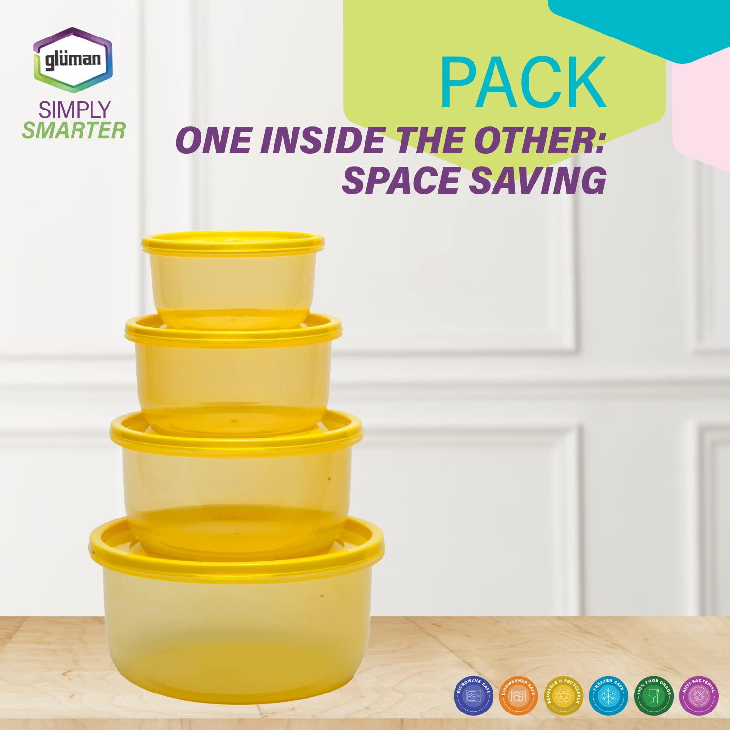 Gluman Plastic Microwave Container Set of 4 With Vent Knob For Steam Release | 100% Food Grade | Dishwasher Safe | Freezer Safe