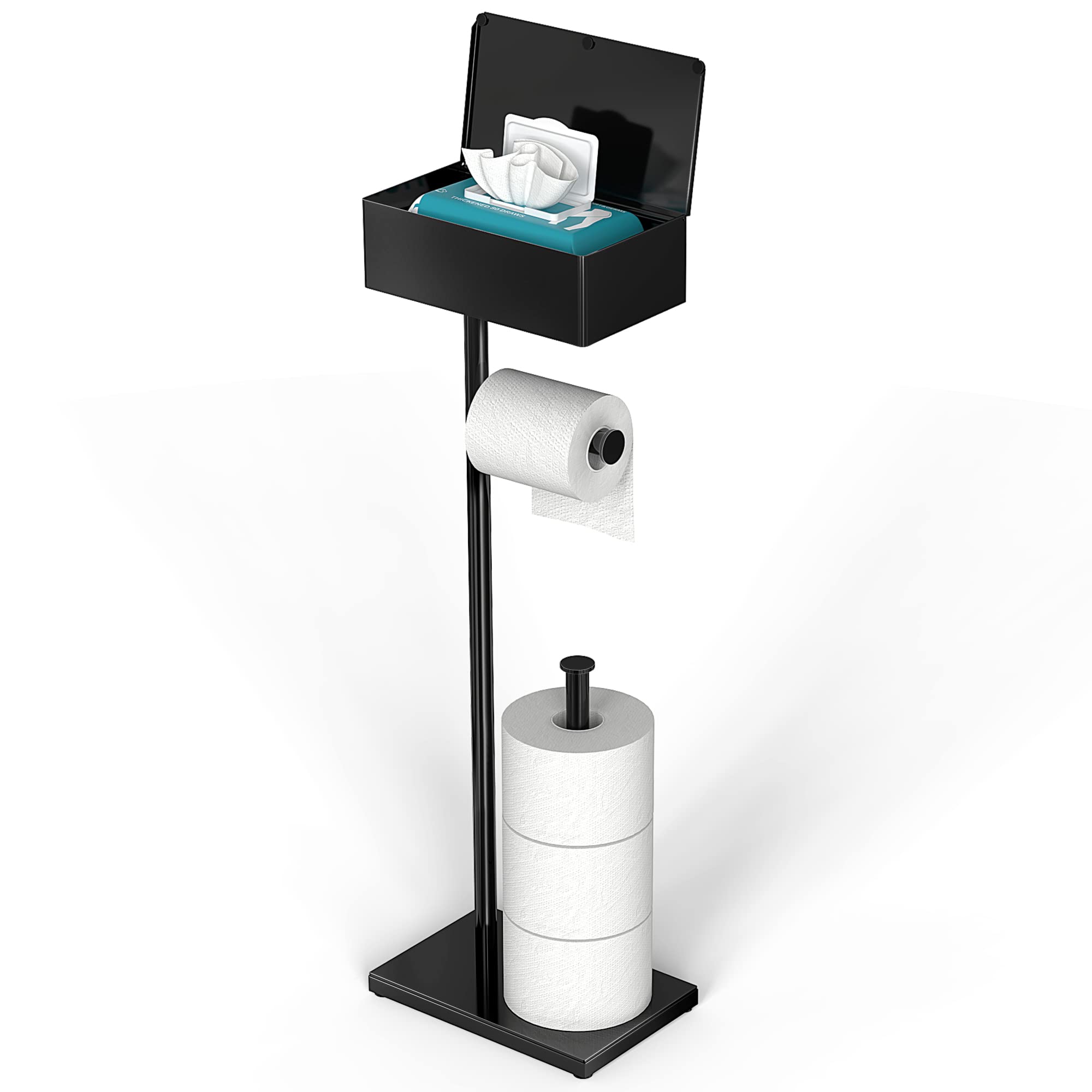 CISILY Black Toilet Paper Holder Stand with Storage Shelf  Free Standing Toilet Paper Roll Holders  Bathroom Toliet Tissue Holder Accessories Essentials
