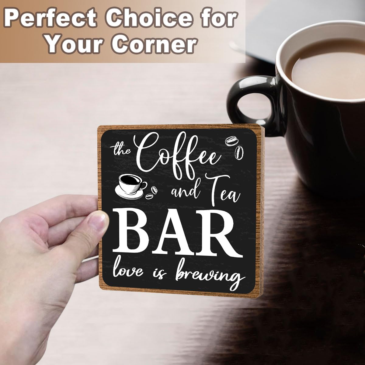 Toerifer Coffee Bar Decor, Funny Coffee Sign, Wooden Table Display, 5x5 Inches, Black, Rustic