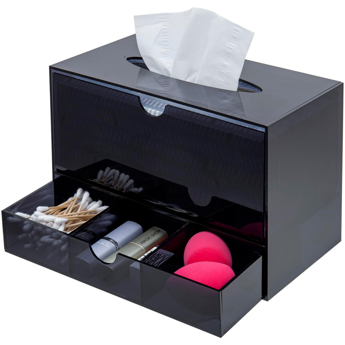 Mygift Premium Black Acrylic Cosmetic Organizer Caddy And Tissue Box Cover With Pull Out Makeup Storage Drawer - Countertop Bath