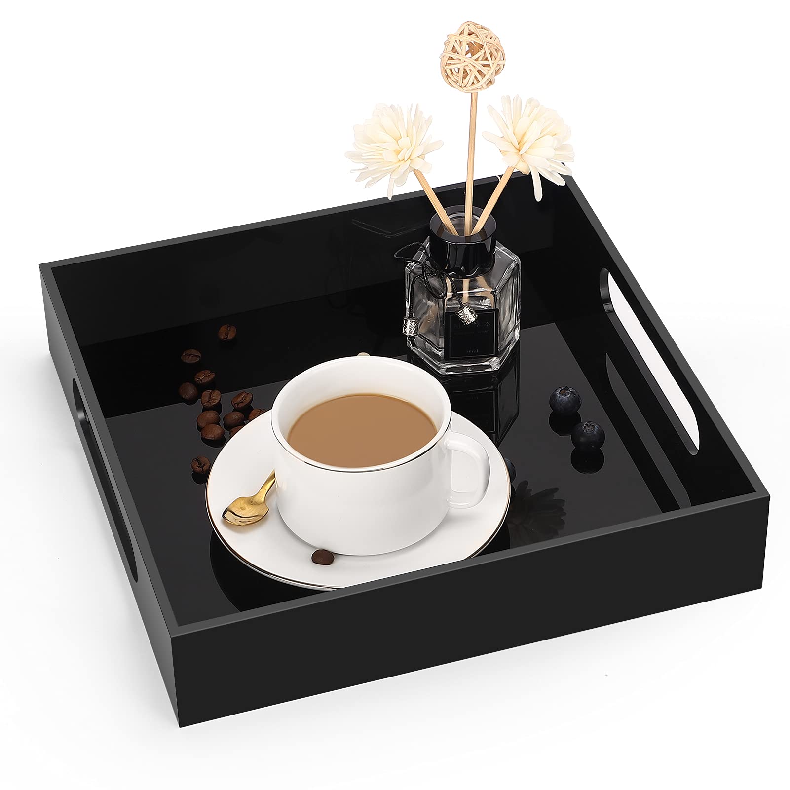 Cilinta Home Decorative Coffee Table Tray, 10X10 Elegant Acrylic Serving Trays With Handles Works For Eating, Breakfast, Makeu