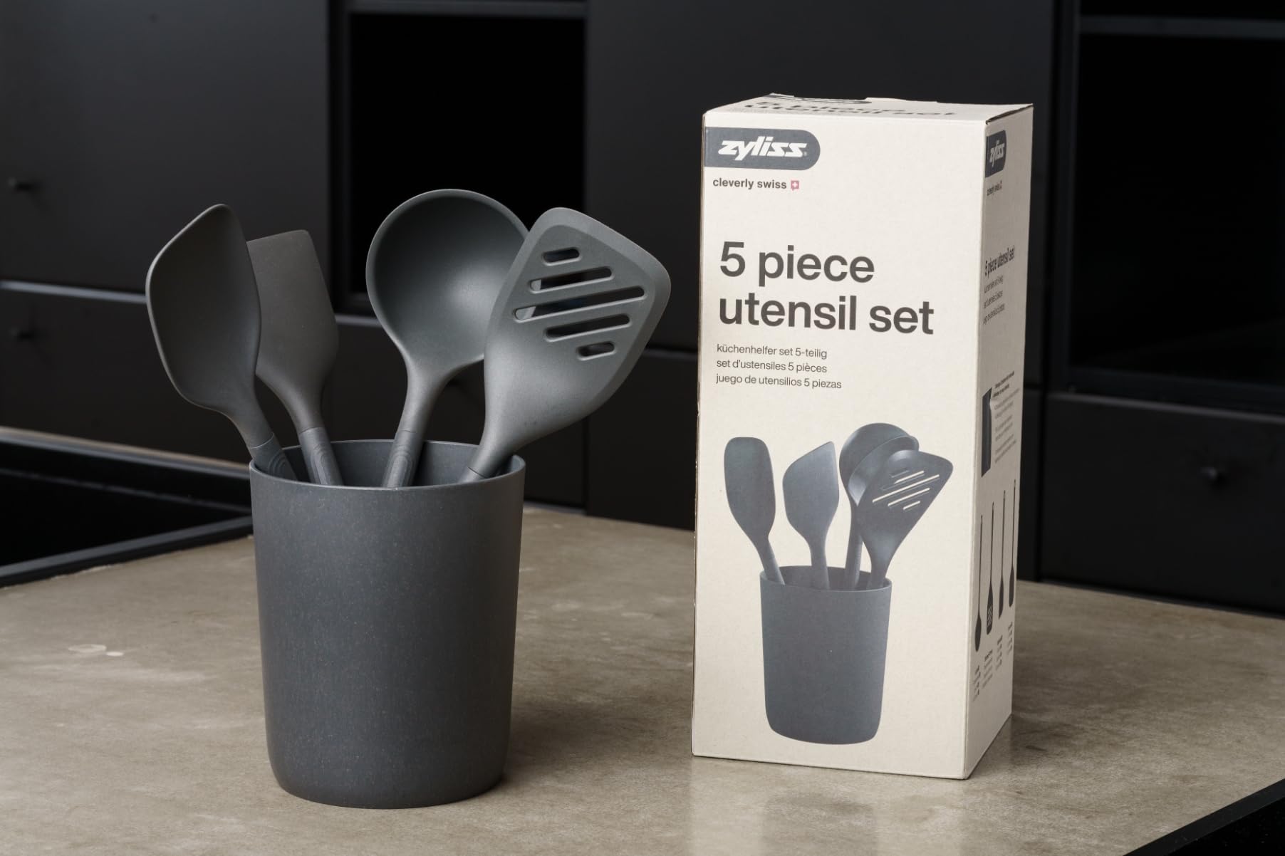 Zyliss 5 Piece Utensil Set With Storage Tube - Kitchen Set With Utensil Organizer - Small Kitchen Utensils Set - Includes Large