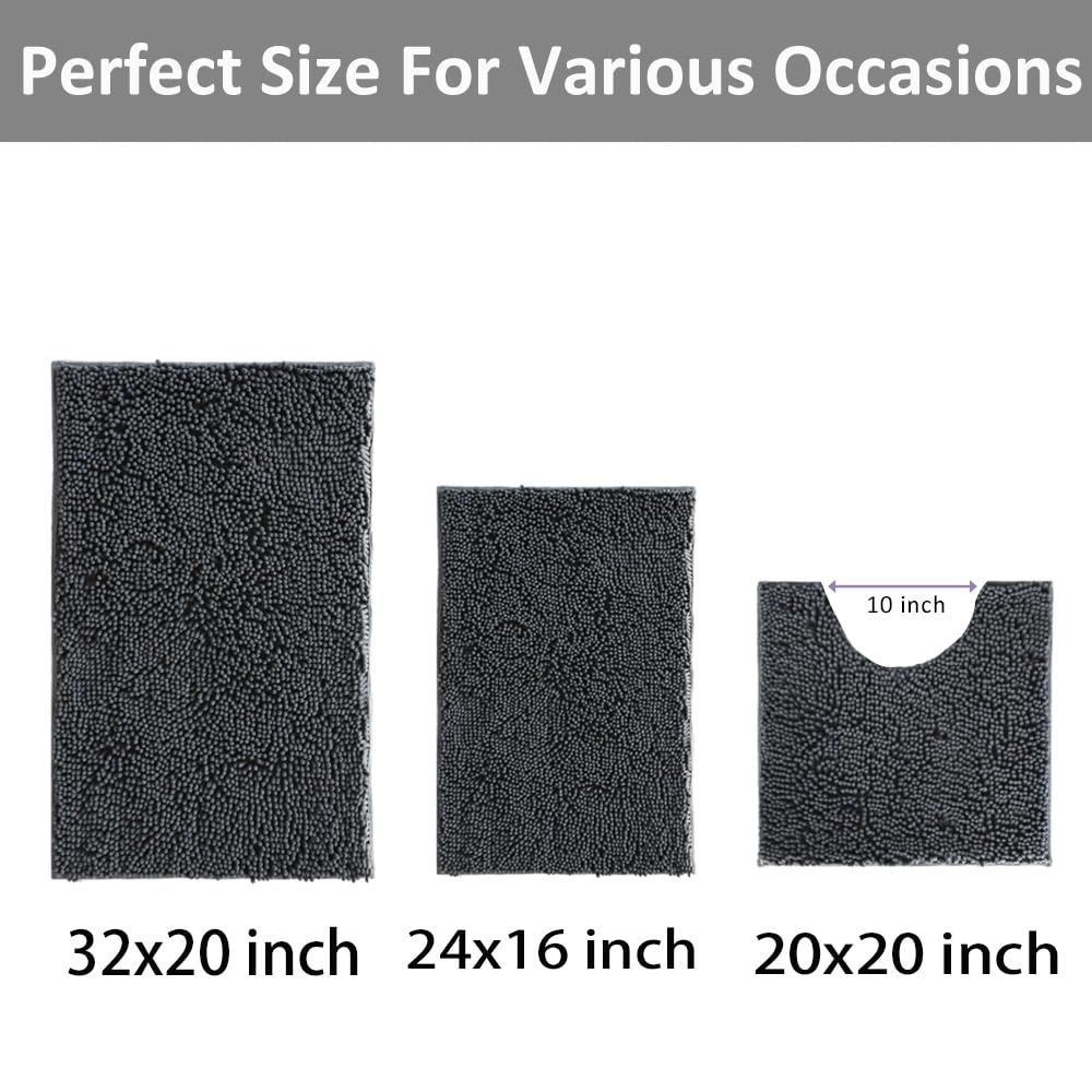 Bathroom Rugs Set Plush Chenille 3 Piece Bath Mat Washable Bath Rugs with Non Slip Backing Bath Carpet Absorbent Shower Rugs Bathroom Mats and Toilet Rug Bath Mats for Bathroom Bedroom  Kitchen Tub
