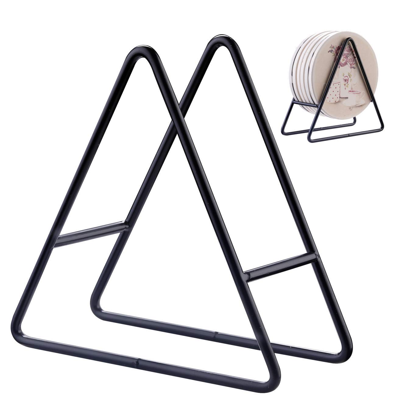 Rojoser 2Pc Triangle Coaster Holder Black Iron Metal Holder Storage Caddy For Both Round And Square Coasters Fit 4 To 9 Pieces C