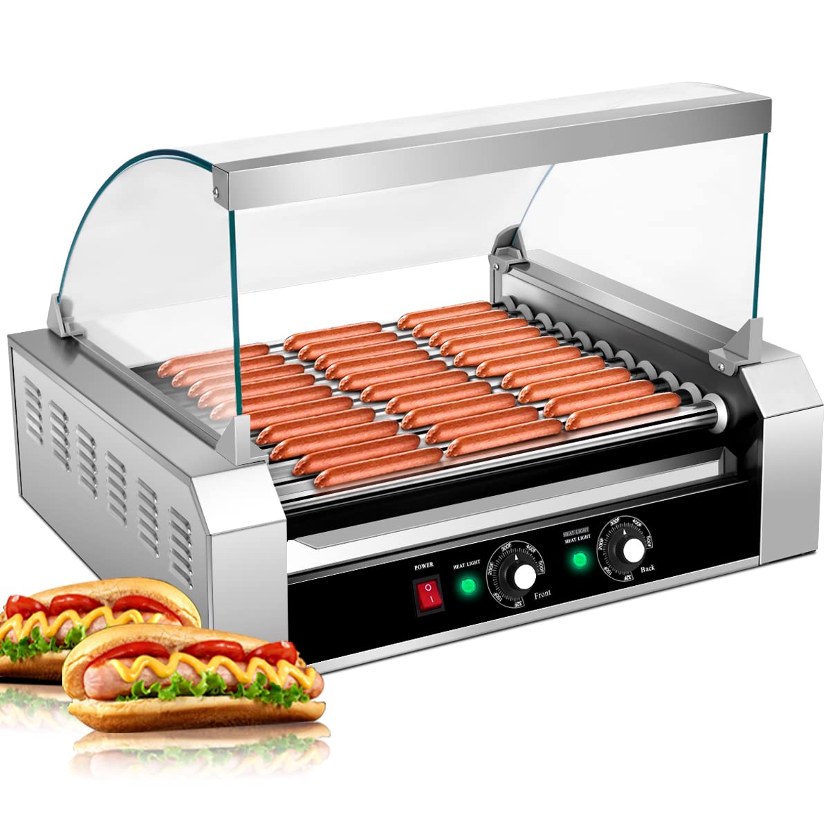 Kotek Hot Dog Roller Machine, 30 Hot Dog And 11 Non-Stick Roller, Sausage Grill Cooker Machine With Glass Cover, Drip Tray, Dual