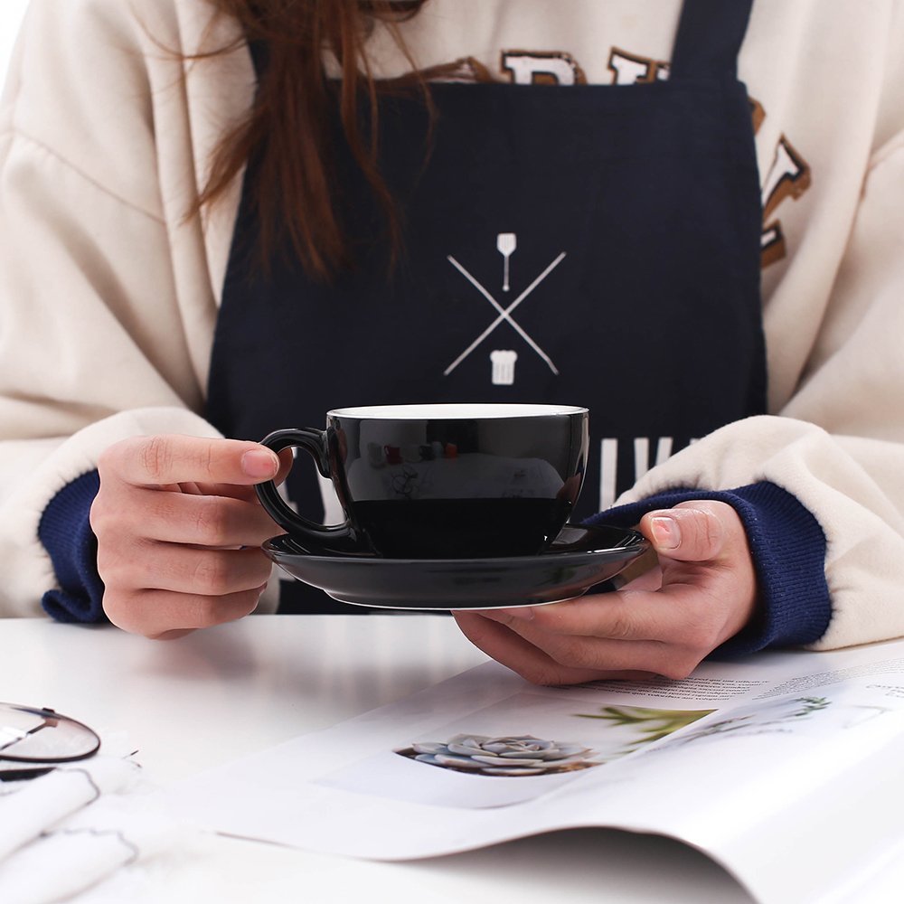 Coffeezone Latte Art Cup And Saucer For Latte & Cappuccino New Bone China, Mate For Coffee Shop And Barista (Glossy Black, 10.5