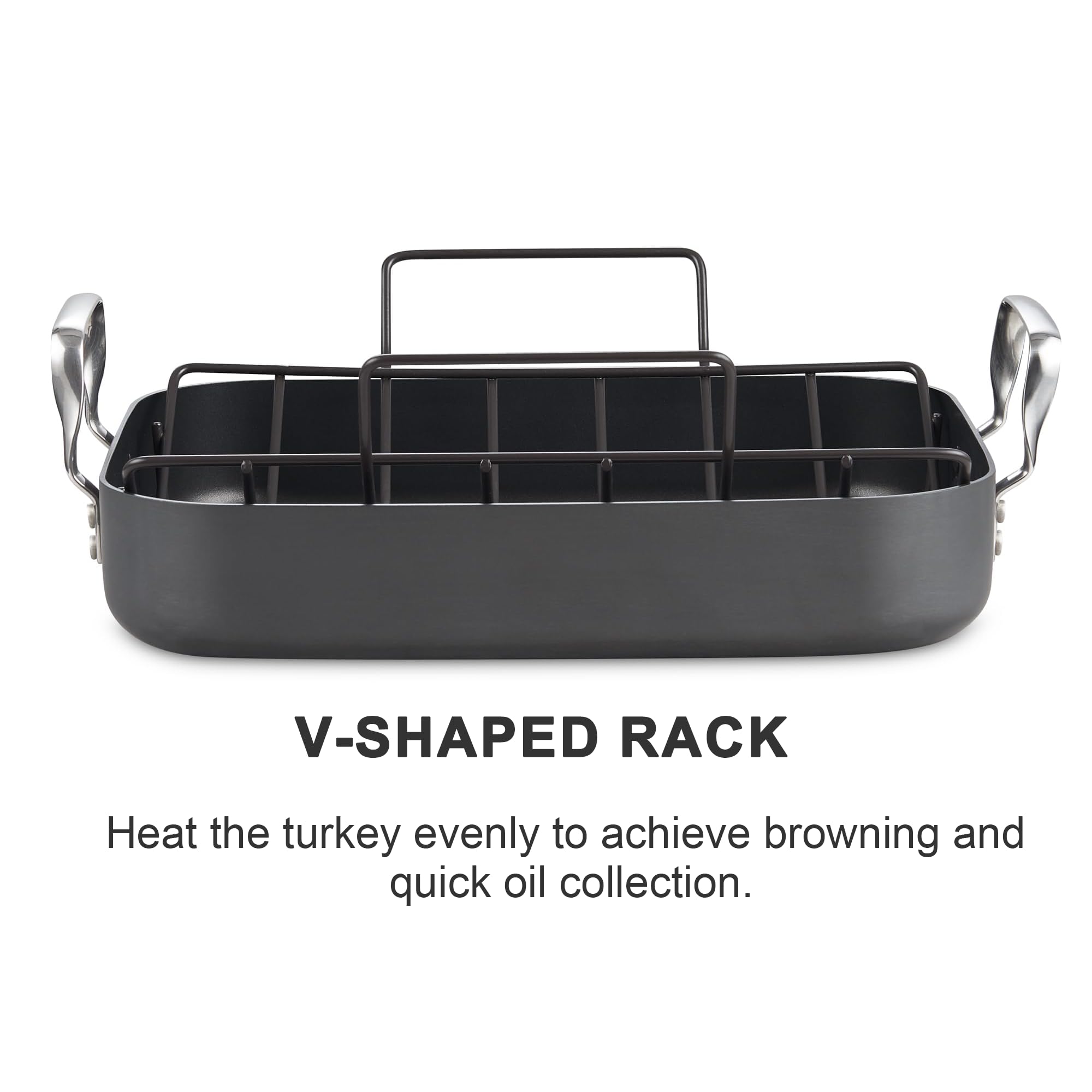 Cooks Standard Turkey Roasting Pan, Hard Anodized Aluminum, 16"x12", Black, Model 02672, Multi-Use Grill Pan with Rack and Handles