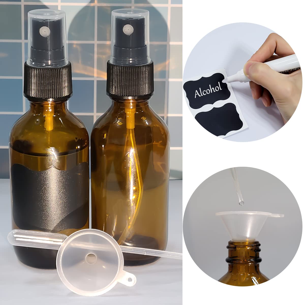 Lufevrm 2Oz Amber Glass Spray Bottles,Empty Small Perfume Travel Refillable Reusable Fine Mister Spray Bottle For Hair,Cleaning