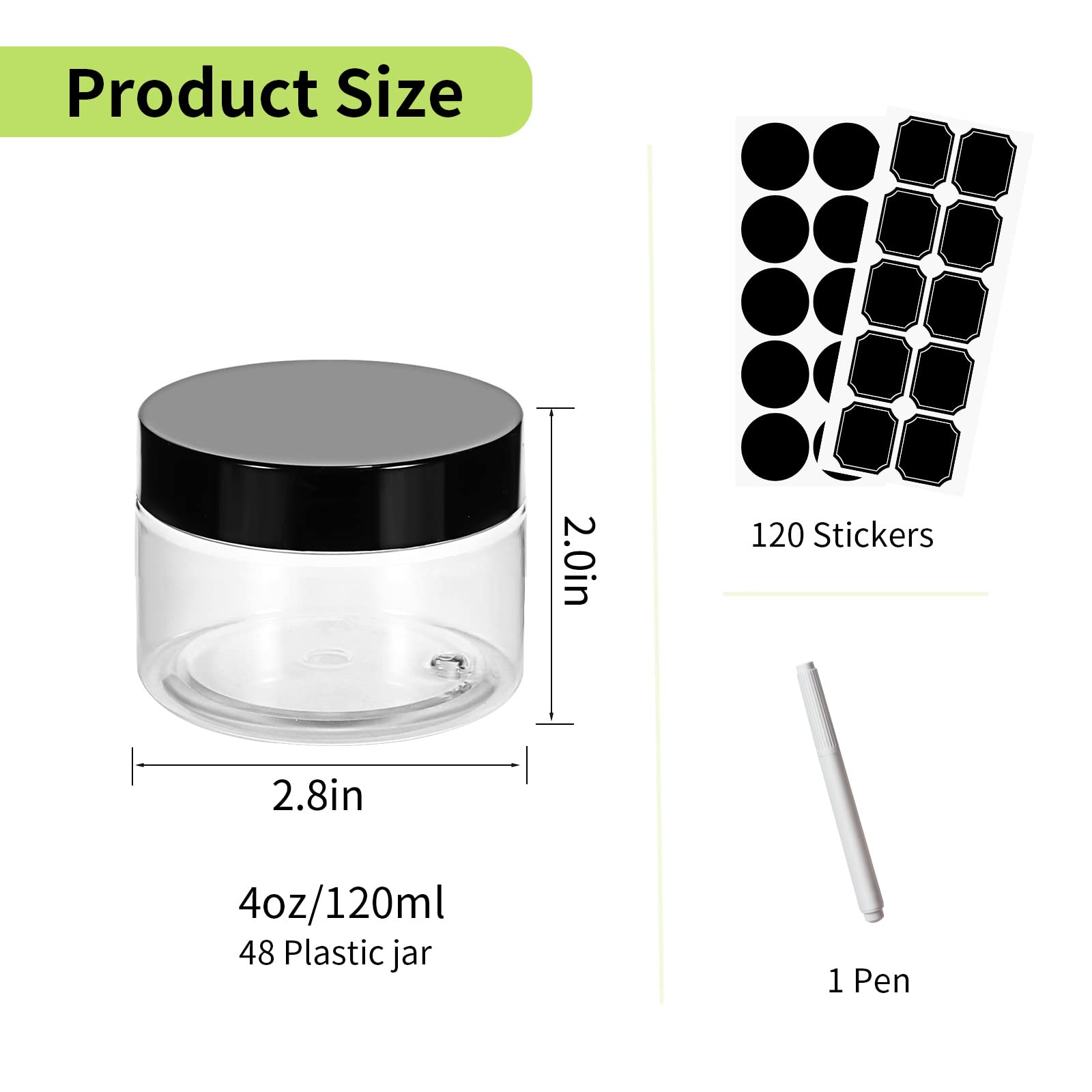 48 Pack 120Ml 4 Oz Empty Clear Plastic Jars With Black Lids, Refillable Round Containers For Slime,Beauty Products, Powder, Crea