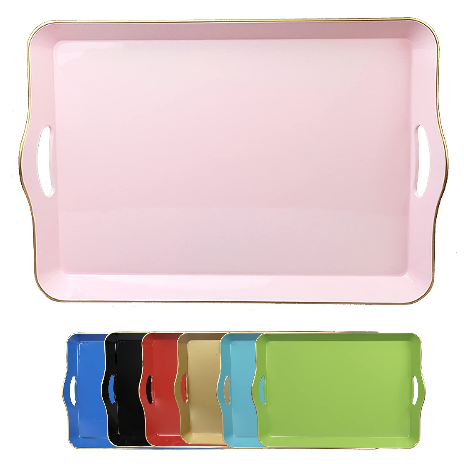 Leemxiiny Pink Decorative Tray For Coffee Table With Handles, Plastic Rectangular Serving Tray For Living Room, Bathroom, Outdoo