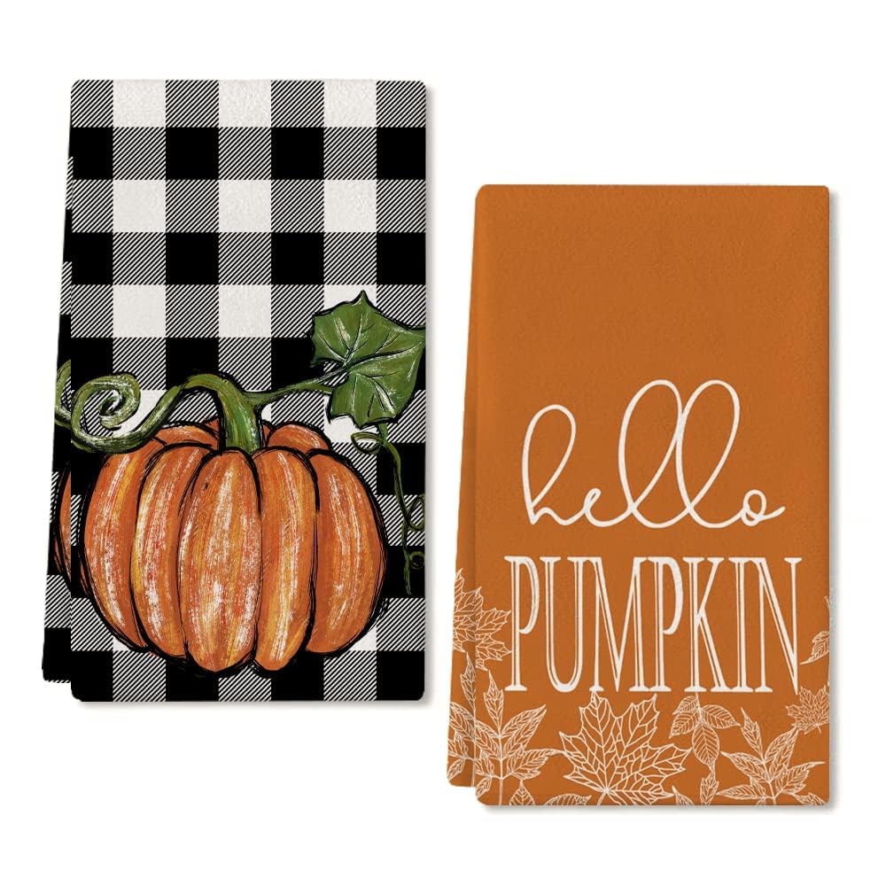 Arkeny Pumpkin Fall Kitchen Towels Set Of 2,Maple Leaves Autumn Dish Towels 18X26 Inch,Farmhouse Home Indoor Thanksgiving Harves