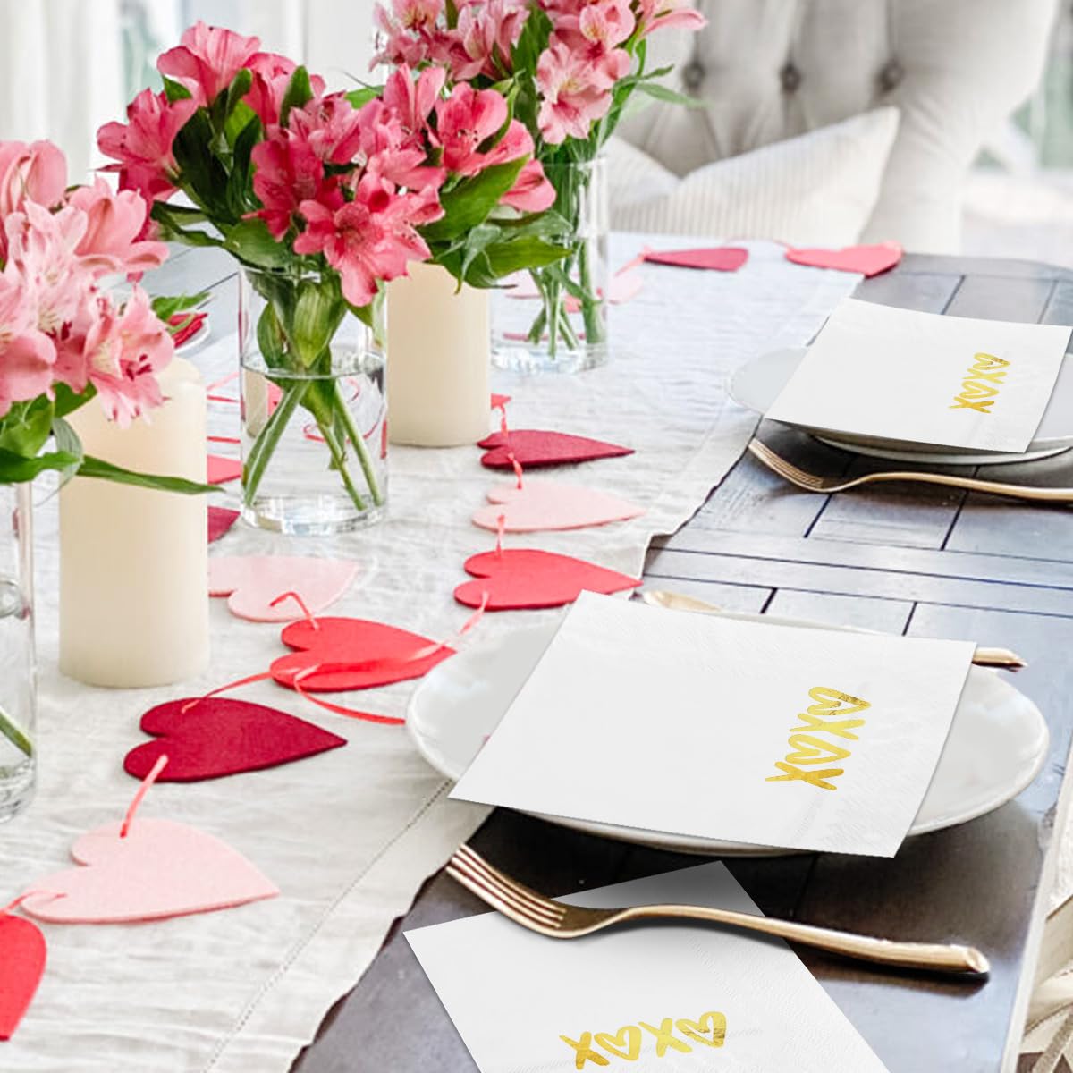 Horaldaily 50 Valentine Disposable Paper Decorative Guest Napkins, Xoxo Golden Foil Heart Hand Towel For Party Lunch Dinner Kitc
