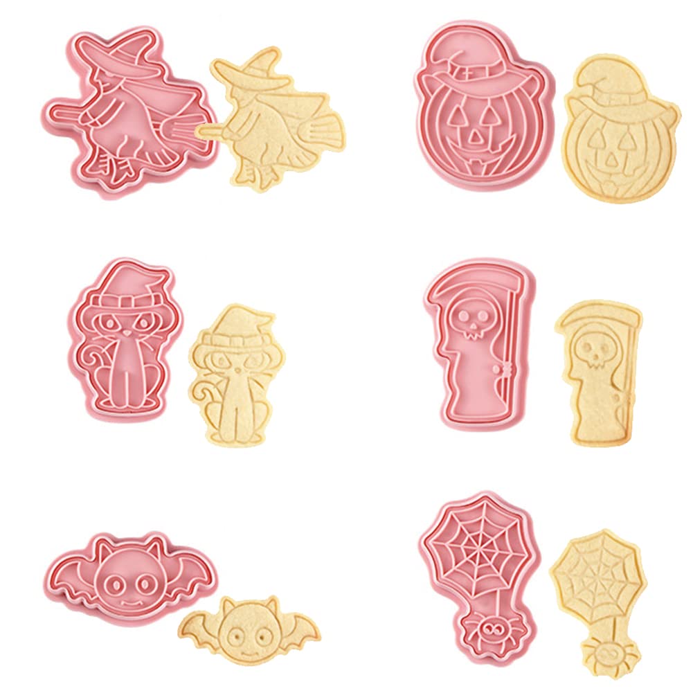 Guowall 6Pcs Halloween Cookie Cutters With Plunger Stamps Set 3D Cookie Stamps Funny Cartoon Biscuit Cutter For Baking Supplies