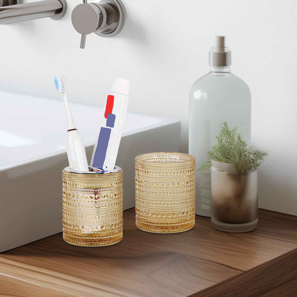 Tonxus Amber Toothbrush Holders for Bathrooms, Glass Toothbrush Holder with 2 Slot Divider, 10oz Bathroom Tumbler and Mouthwash
