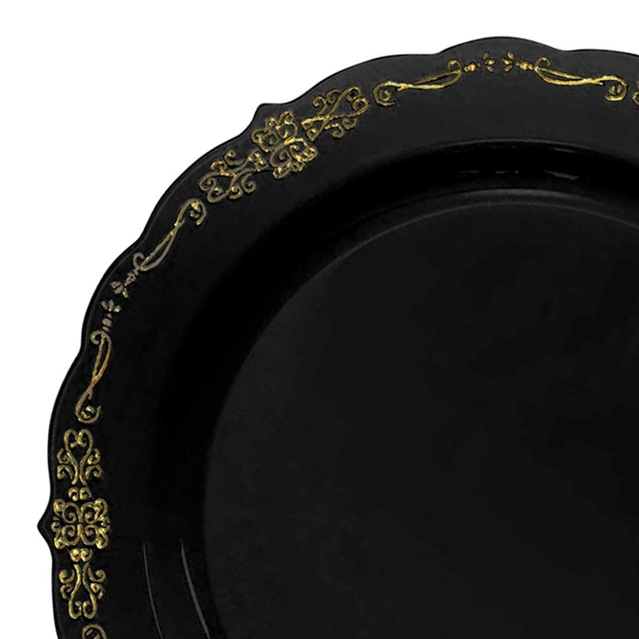 Kaya Elegant Black & Gold Vintage Round Disposable Dinner Plates - 10'' (Packs Of 10), Stylish Design, Perfect For Any Occasion