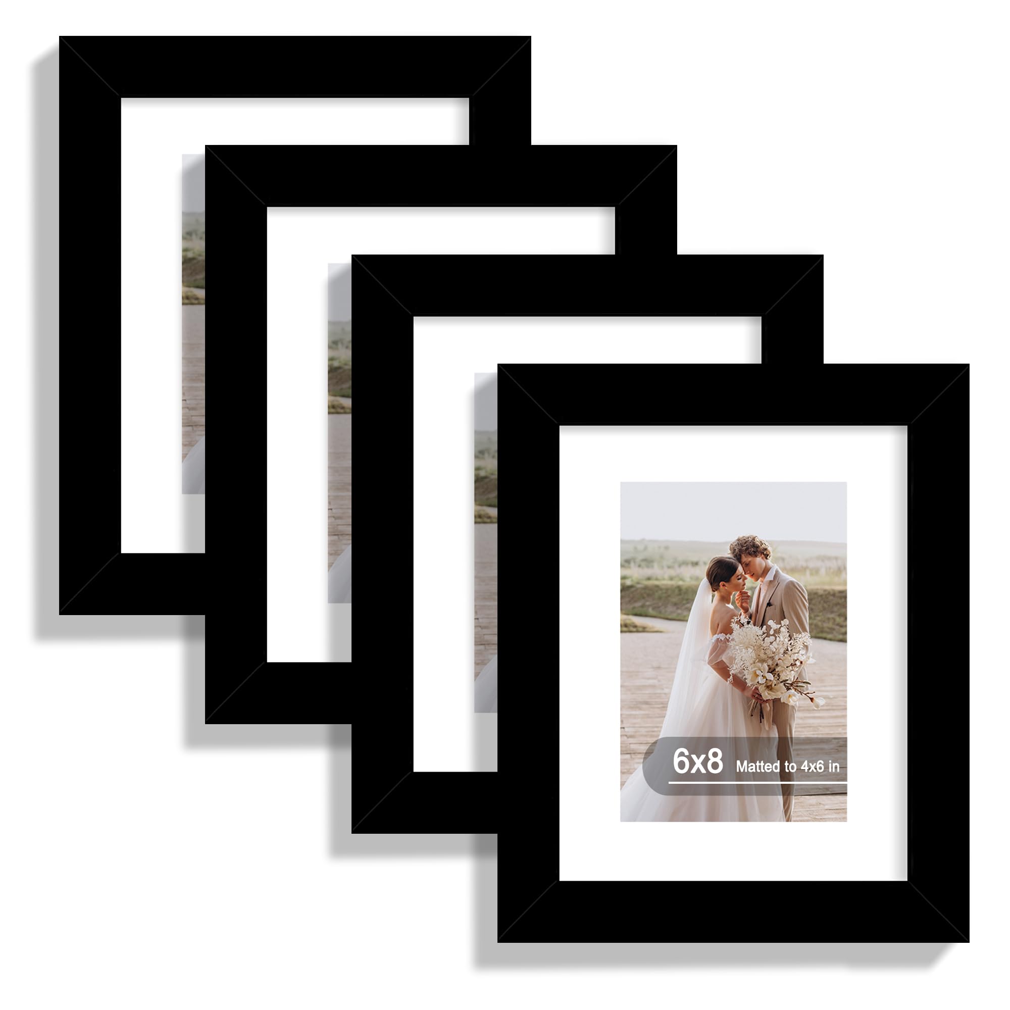 Hongkee 6x8 Picture Frame Set of 4, Made of Real Glass and Black Frame - Display Picture 4x6 with Mat or 6x8 Without Mat, 6 by 8