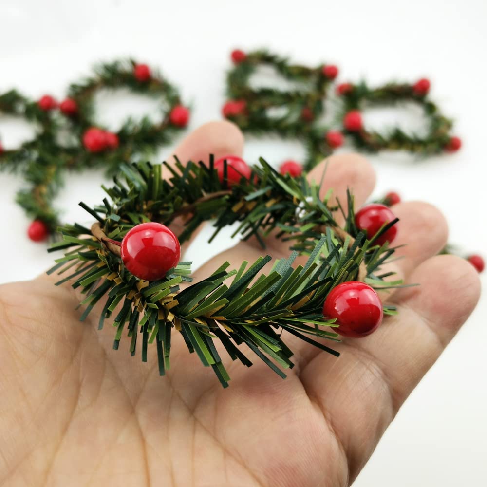 Saktopdeco Christmas Napkin Rings Christmas Napkin Holder Holly Berry Candle Wreath For Banquet Table Decorations Set Of 12