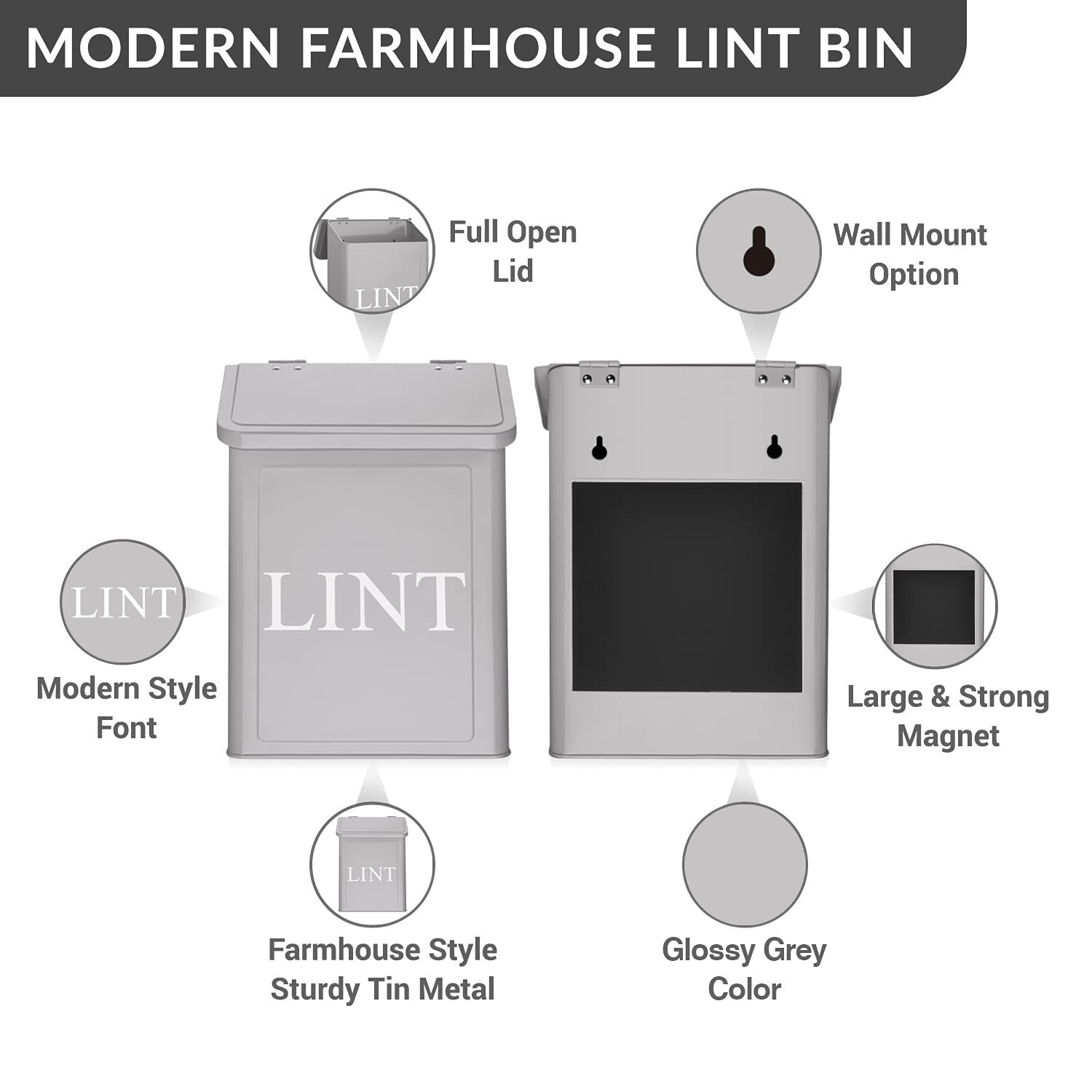 Calindiana Modern Farmhouse Metal Magnetic Lint Bin For Laundry Room Decor And Accessories With Lid And Laundry Room Organizatio