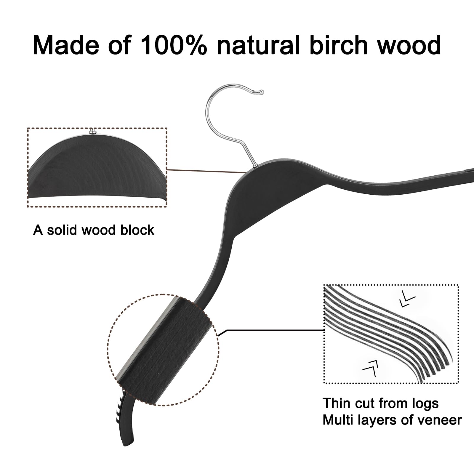 Topia Hanger Slim Wooden Hangers With Extra Soft Non-Slip Rubber Grips, 18-Pack High-Grade Fashion Black Hanger No Shoulder Bump