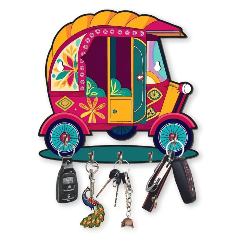 Decorative Auto Rickshaw Key Holder | WallMounted Key Stand with 5 Hooks, Colourful Floral Pattern & MultiColour Design, Woode