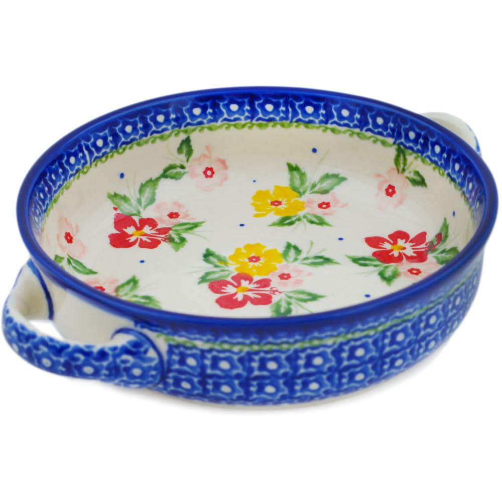 Polmedia Polish Pottery Round Baker with Handles  Hibiscus Splendor Pattern Handmade in Boleslawiec Poland by Ceramika Bona + C