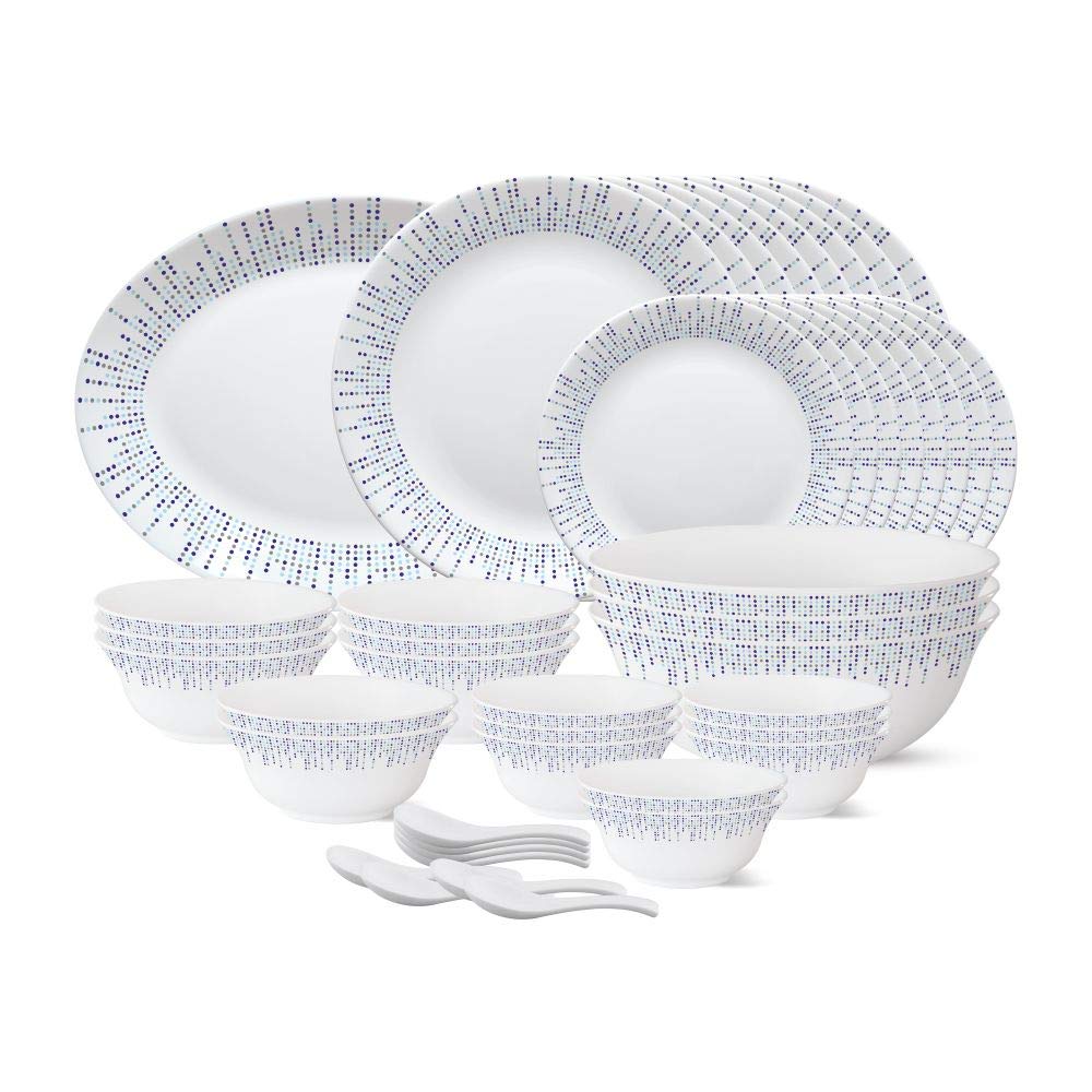 Larah By Borosil  Tiara Series, Pulse, 44 Pcs, Opalware Dinner Set, White