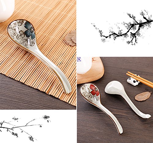 Pretty Hand-Printed Ceramic Spoons With Comfortable Size For Eating Soups,Set Of 4 Long Handle Hook Spoon Soup Spoon Hand-Crafte