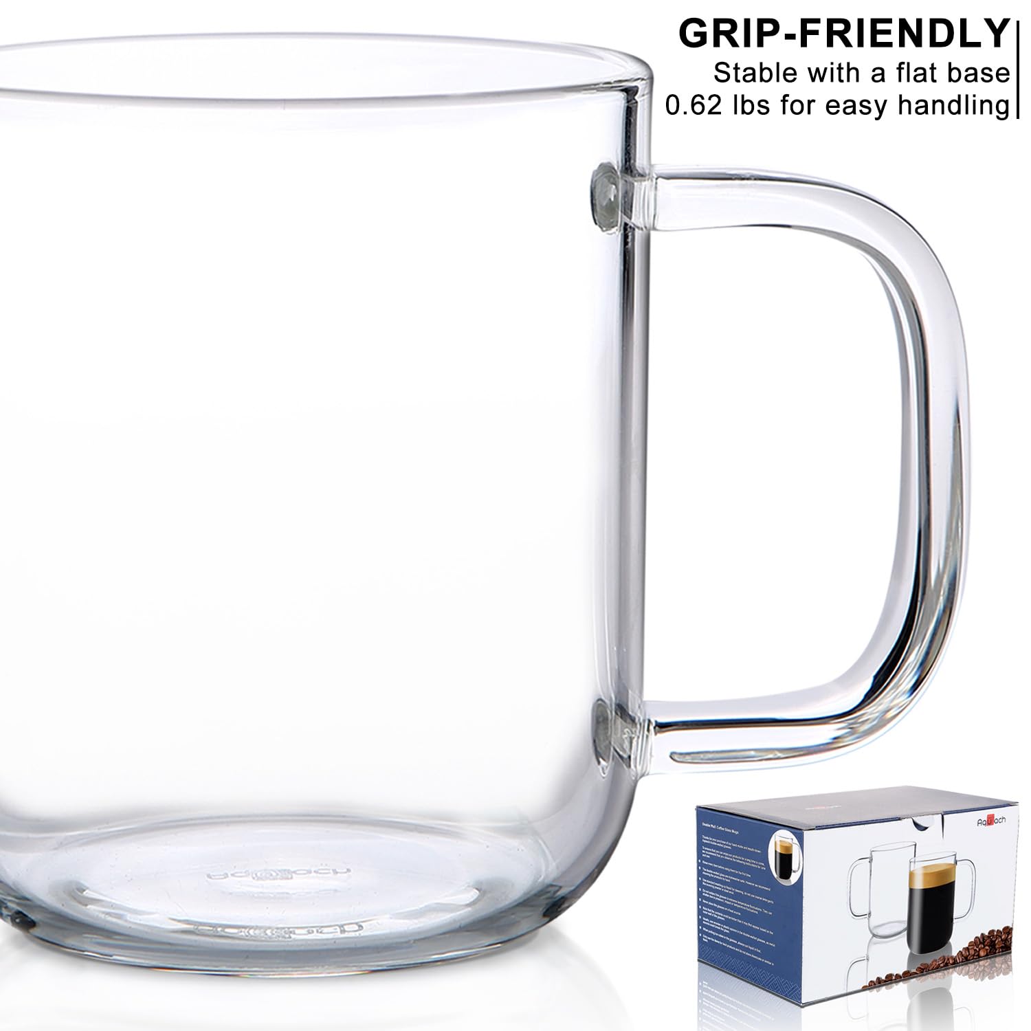 Aquach Glass Mugs 16 Oz Set Of 2, Large Clear Glass Cup With Handle For Hot/Cold Coffee Tea Beverage, Drinking Glasses