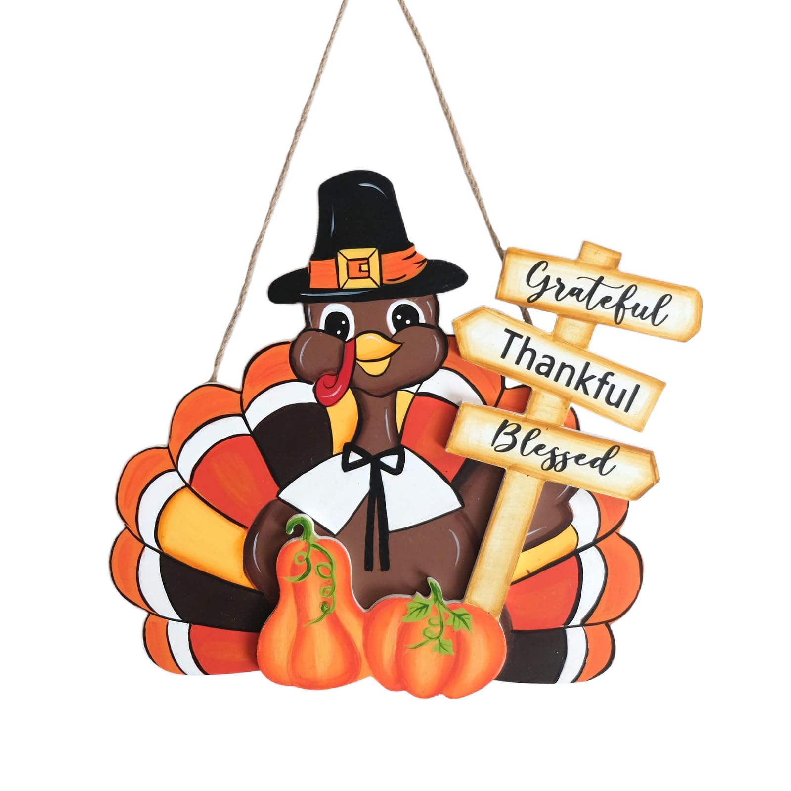 Egolot Fall Thanksgiving Turkey Welcome Wooden Sign for Front Door with Pumpkins, Thanksgiving Grateful Thankful Blessed Turkey 