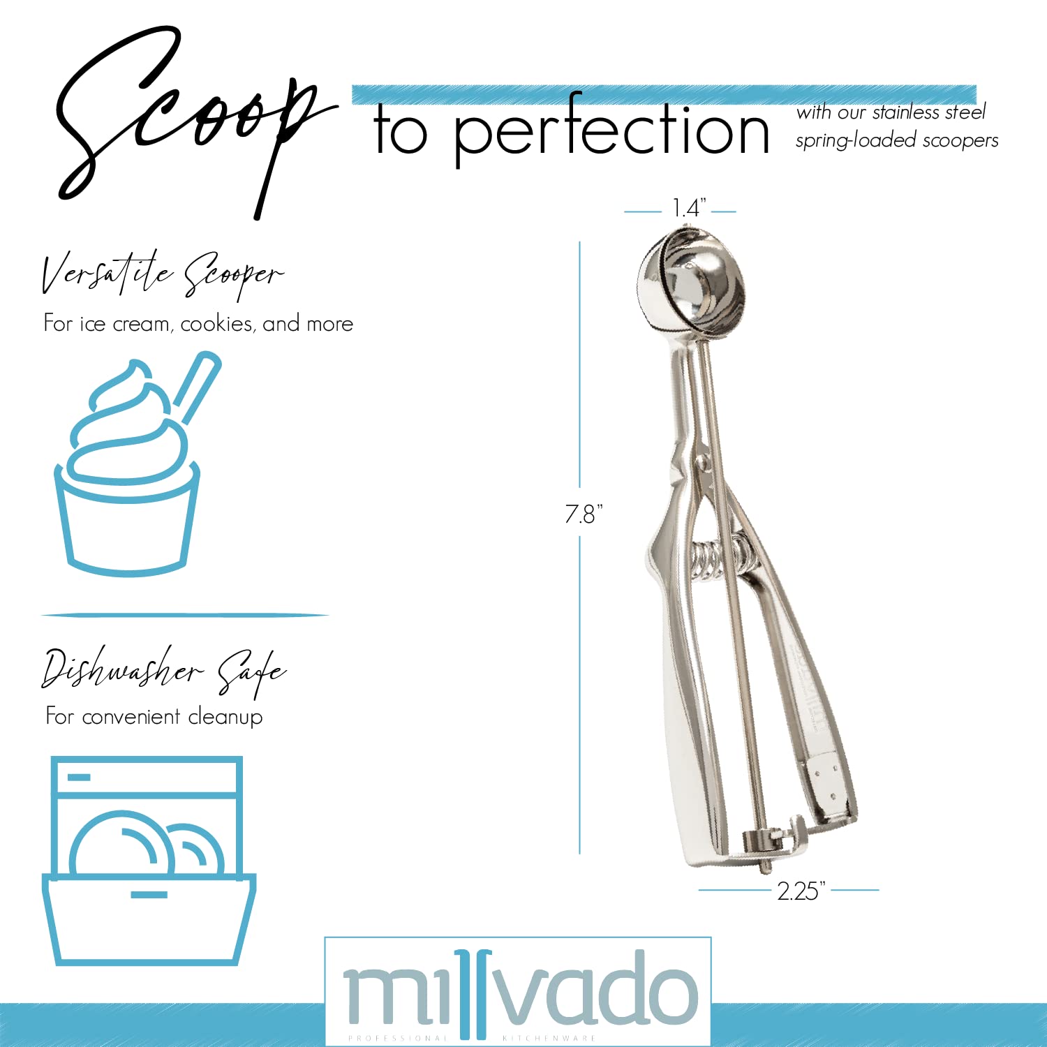 Millvado Stainless Steel Ice Cream And Cookie Scoop | Extra Small Sized Scoop, Spring Loaded Lever Design, For Sorbet, Melon, Me