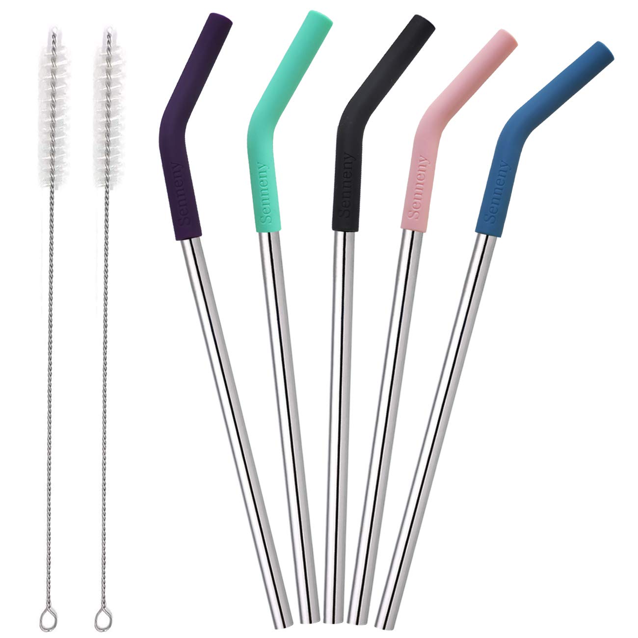 Senneny Set Of 5 Stainless Steel Straws With Silicone Flex Tips Elbows Cover, 2 Cleaning Brushes And 1 Portable Bag Included (Si