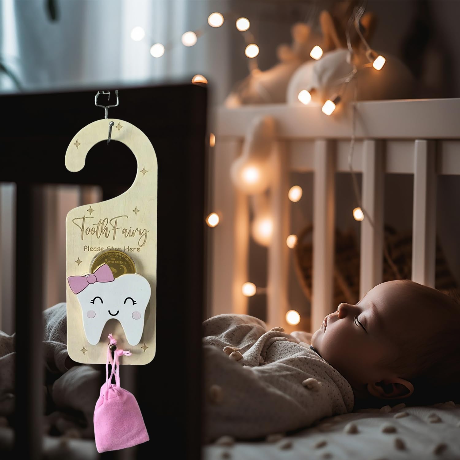Tooth Fairy Door Hanger, Wooden Tooth Fairy Money Holder with Tooth Coins for Lost Tooth Kids Gifts (Pink-2)