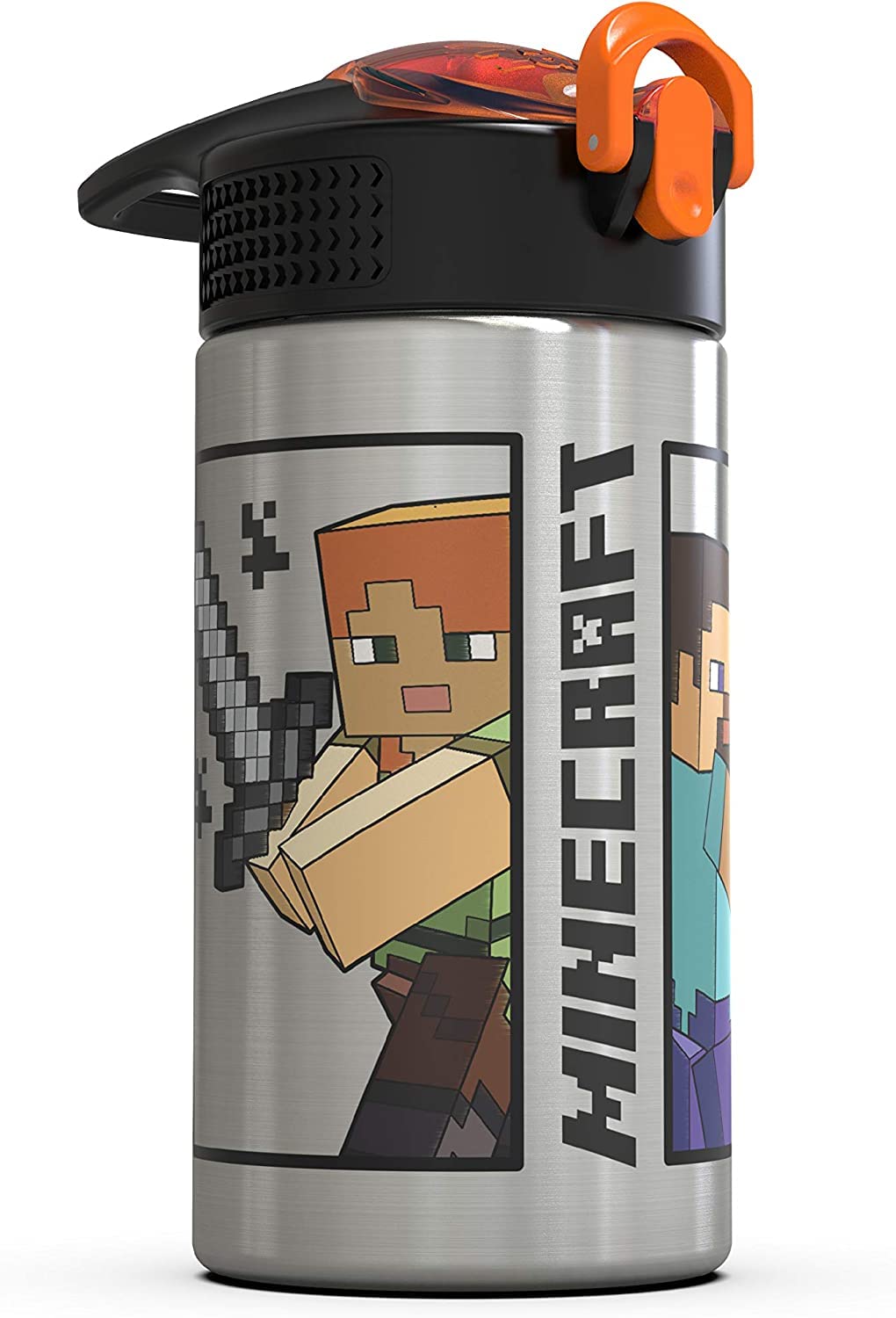 Zak Designs Minecraft - Stainless Steel Water Bottle With One Hand Operation Action Lid And Built-In Carrying Loop, With Straw S